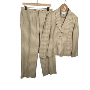 Talbots Womens Tan Pinstripe Linen Blend Pant Suit Size 12 Italian Fabric 2pc